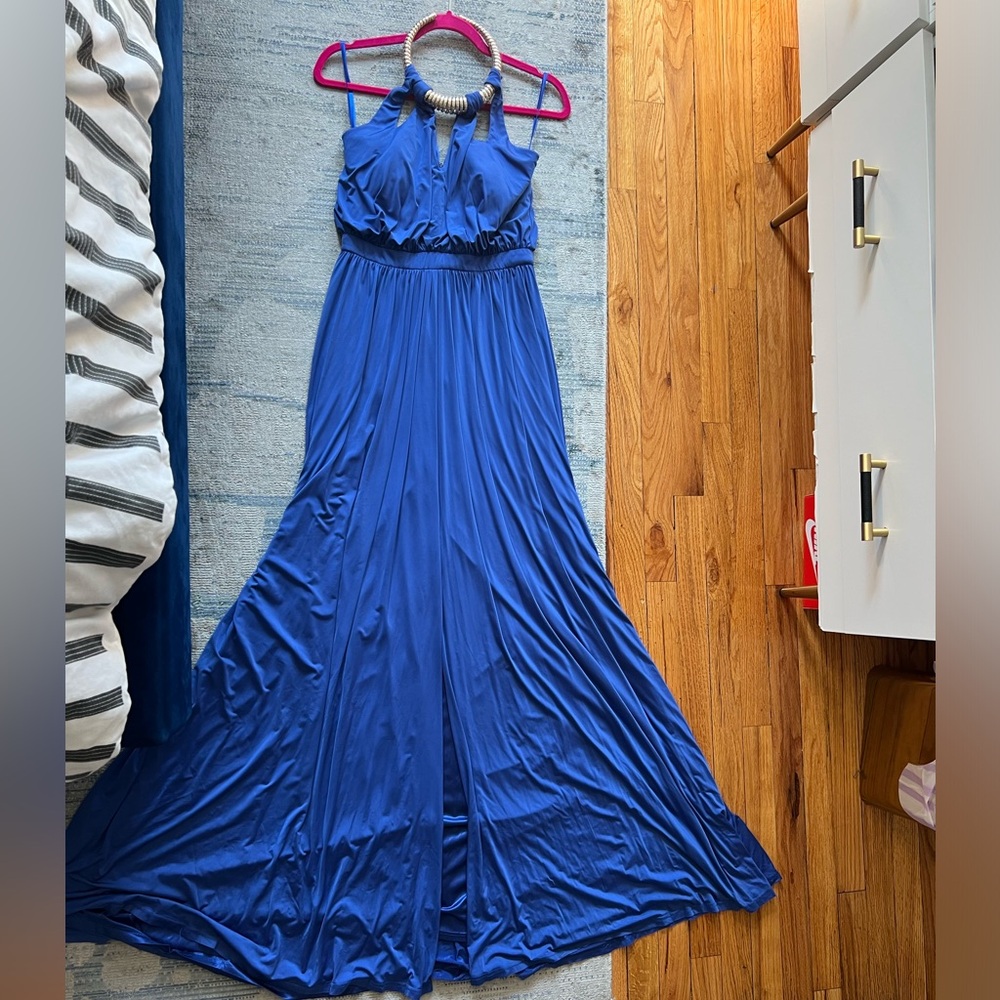 Forever Unique Brand blue gown a-line circle skirt with front middle slit